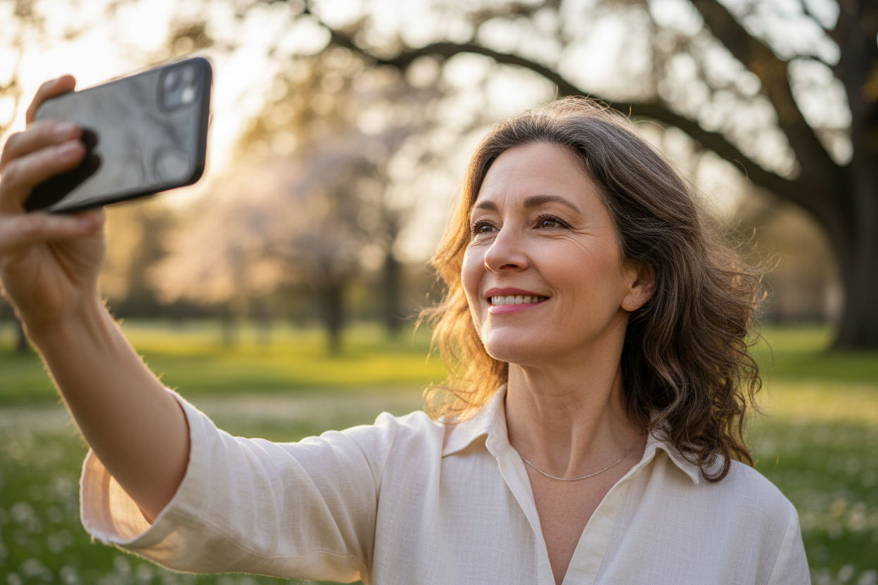 50 year old woman doing selfie 